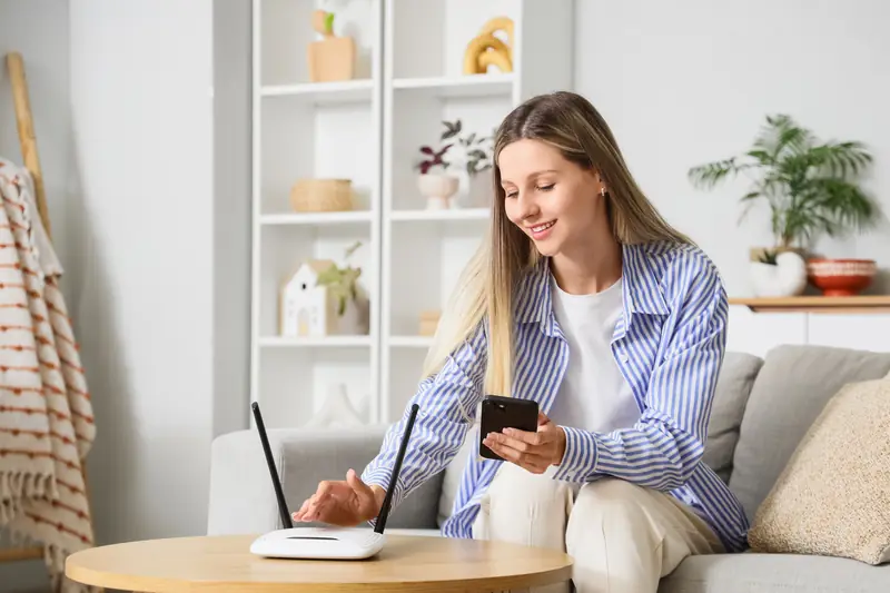 Frau sitzt auf dem Sofa und richtet mit ihrem Smartphone einen WLAN-Router ein